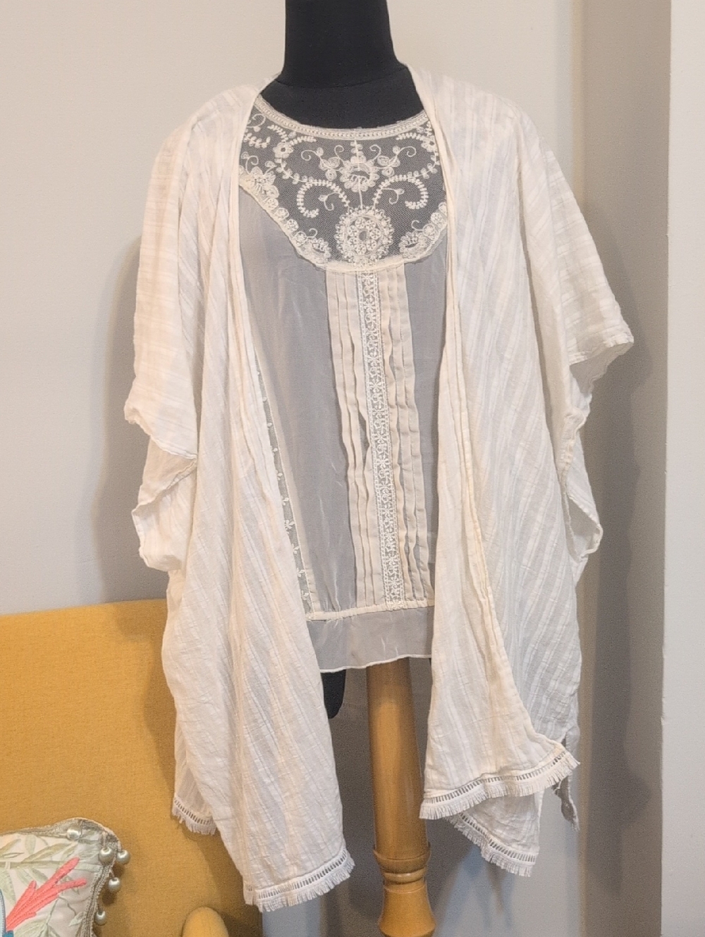 Aerie Textured Stripe Fringe Kimono Beach Swim Cover Up OS L-Off White